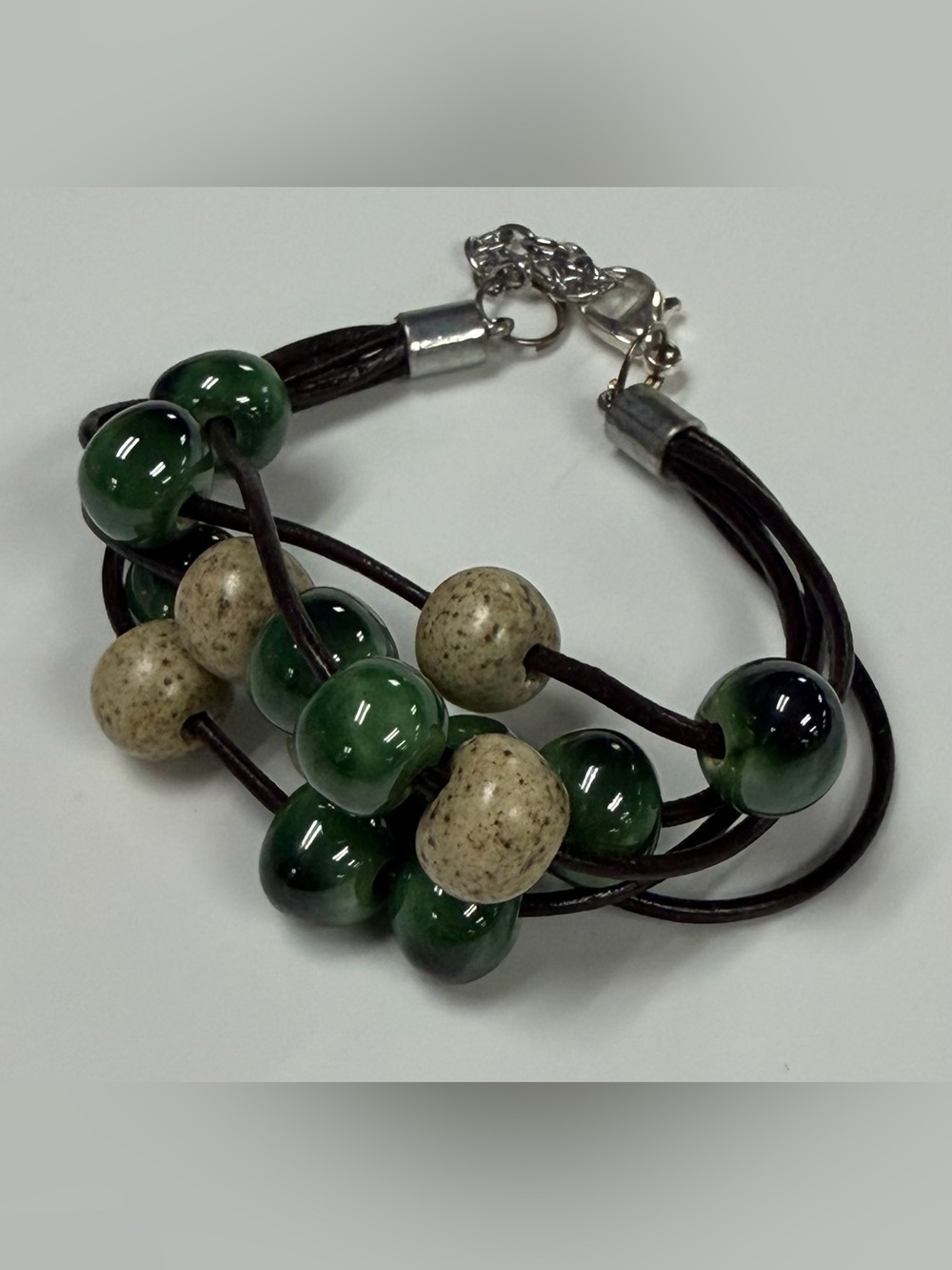 Khutsala Artisans NWT Green & Tan Multi-Strand Ceramic Bead Cuff Bracelet